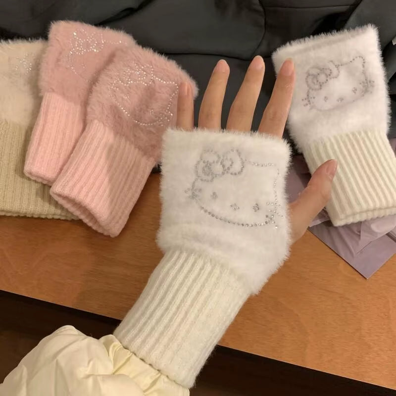 Hello Kitty Half Finger Gloves for Women Fashion Winter Warm Soft Knitting Gloves Casual Cartoon Fingerless Mitten Gifts